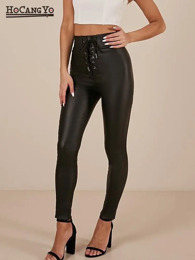 

Fashion Women High Waist Jeans Pants Slim Elastic Waist PU Leather Pants Women Coated Jeans Trousers Drawstring Sexy Pencil Pant