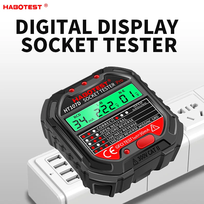 Фото Цифровой тестер розеток HABOTEST HT107 Pro, детектор УЗО 5мА/30мА, проверка заземления и полярности, опционально для вилок EU/US/UK №3