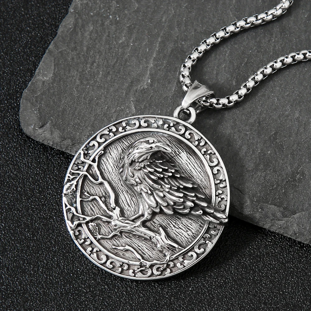 Norse Odin Huginn And Muninn Raven Necklace Pendant Retro Stainless Steel Viking Necklace Men Amulet Jewelry Viking Accessories