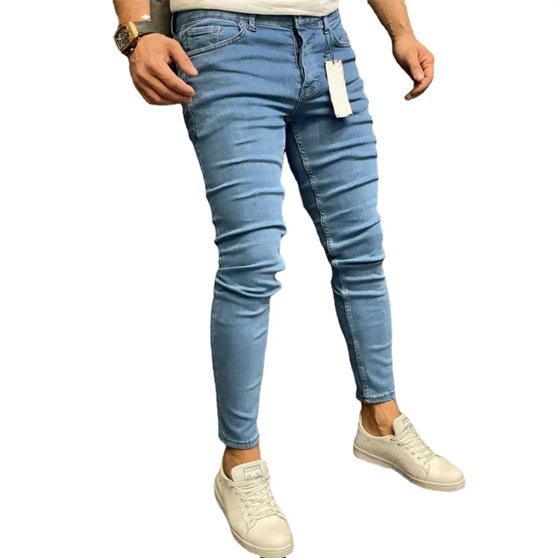 

2022 Men's Elastic Tight-fitting Jeans Spring and Autumn Full Length Denim Trousers Solid Color Pencil Pants