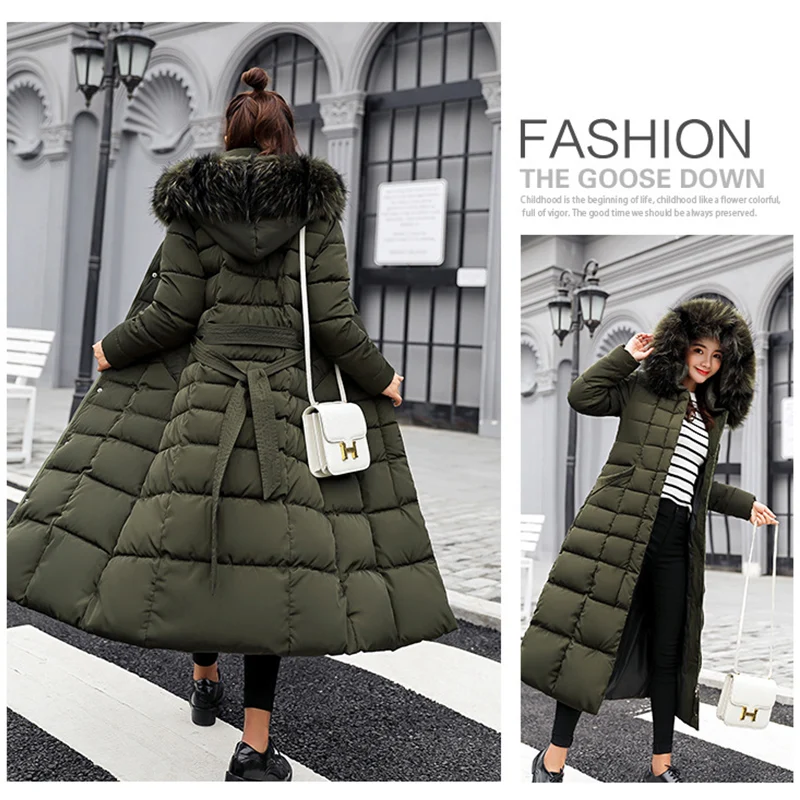 Winter Women Warm Jacket Long Parka Fashion Bow Belt Faux Fur Collar Slim Coat Long Dress Lady Down Cotton Outwear Thick Coat