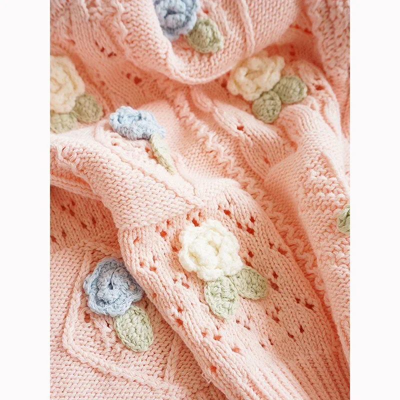 Вязаные свитера с цветочной вышивкой для девочек 1-6 лет Осень-зима детская одежда