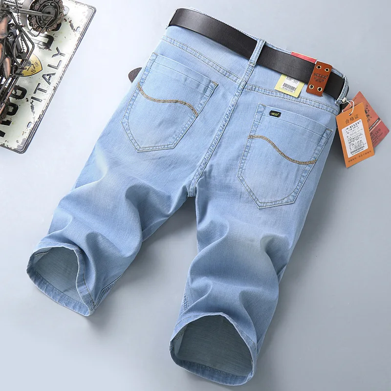Men's summer cotton icy thin stretch denim straight shorts casual trend all-match business five-point pants