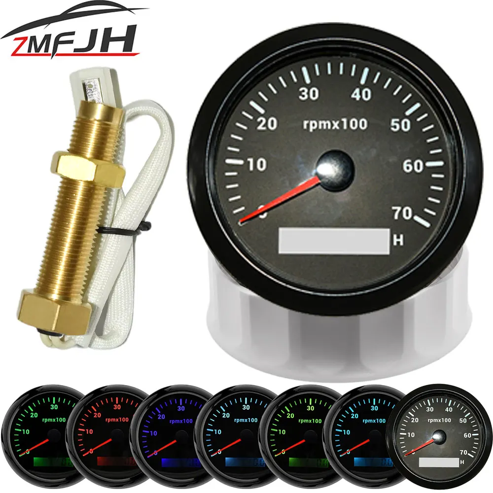 

85MM Diesel Engine Tachometer + Sensor RPM Gauge REV Counter 0-7000RPM with Digital Hourmeter 7 Color Backlight Optional 12V 24V