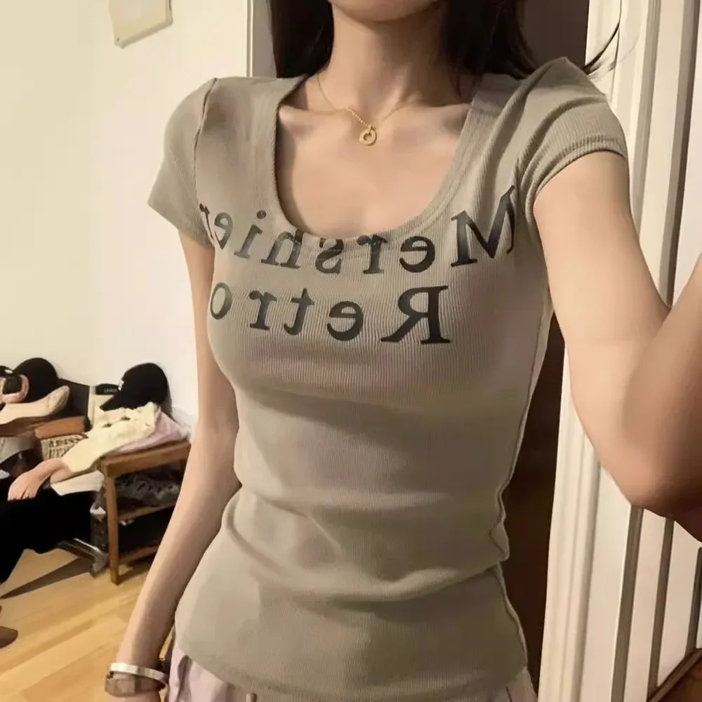 American Sweet Spicy Girl U-neck Tight Short Sleeve Shoulder T-shirt Women Summer Small Design Sexy Slimming Top |