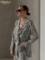 clacive fashion zebra print womens suit elegant high waist pants set office lady long sleeve blazer 2 piece sets womens outfits