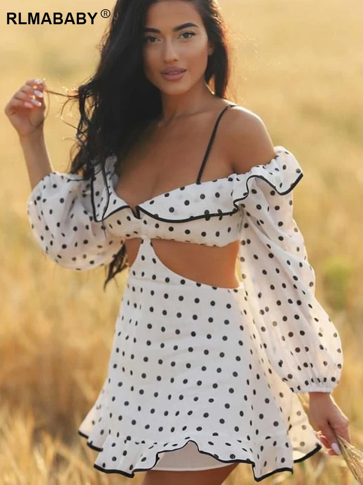 

Женское Короткое платье в горошек, привлекательное облегающее платье мини с открытыми плечами, длинным рукавом и оборками на тонких бретел...