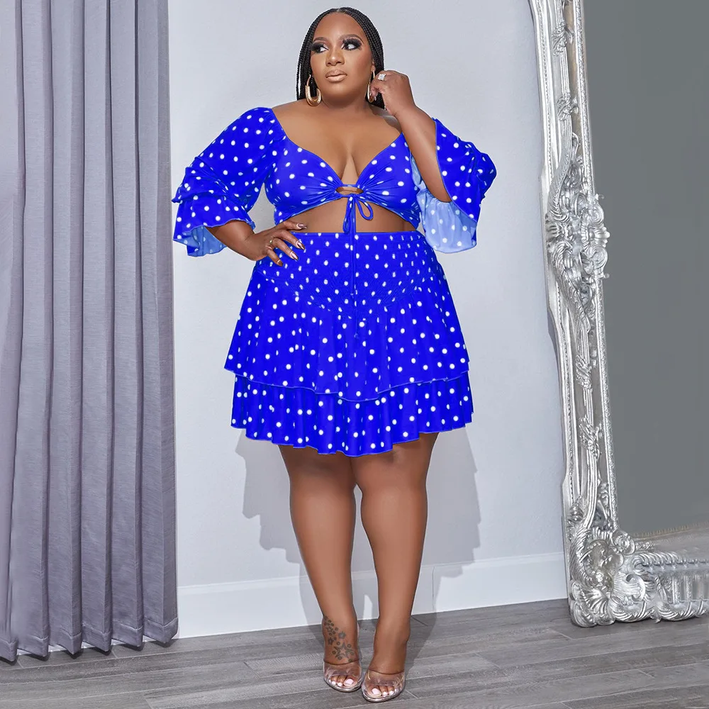 Plus Size Women Sets Polka Dot Print Shirts And Dresses 2022 Summer Fashion Two Piece Sets Sexy V Neck Clothes Female Outfit