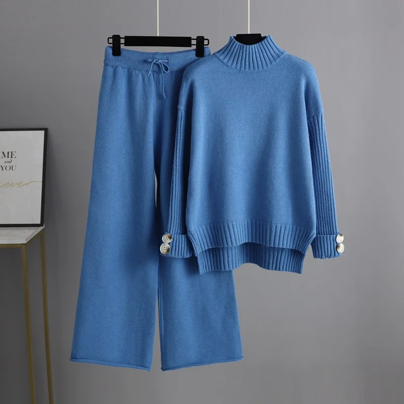 

Women Winter 2 Piece Sets Knitted Sweater Long Sleeves Solid Color Half Turtleneck Outifits Comfortable Sweaters Loose Pants