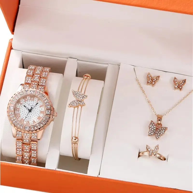 Enlarge Watches for women Gift Rhinestone Strap Quartz Watch + Butterfly Bracelet + Necklace + Stud Earrings Set 6pcs/set