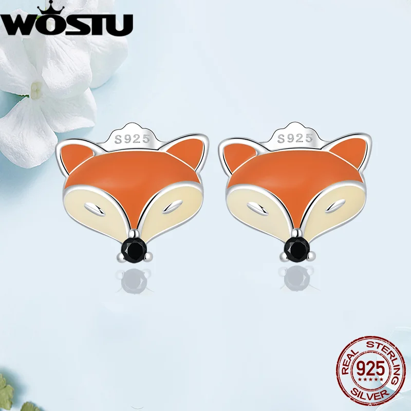 

WOSTU Solid 925 Sterling Silver Small Stud Earrings For Women Cute Orange Fox Ear Studs s925 Fine Jewelry Gift For Girl FIE1425