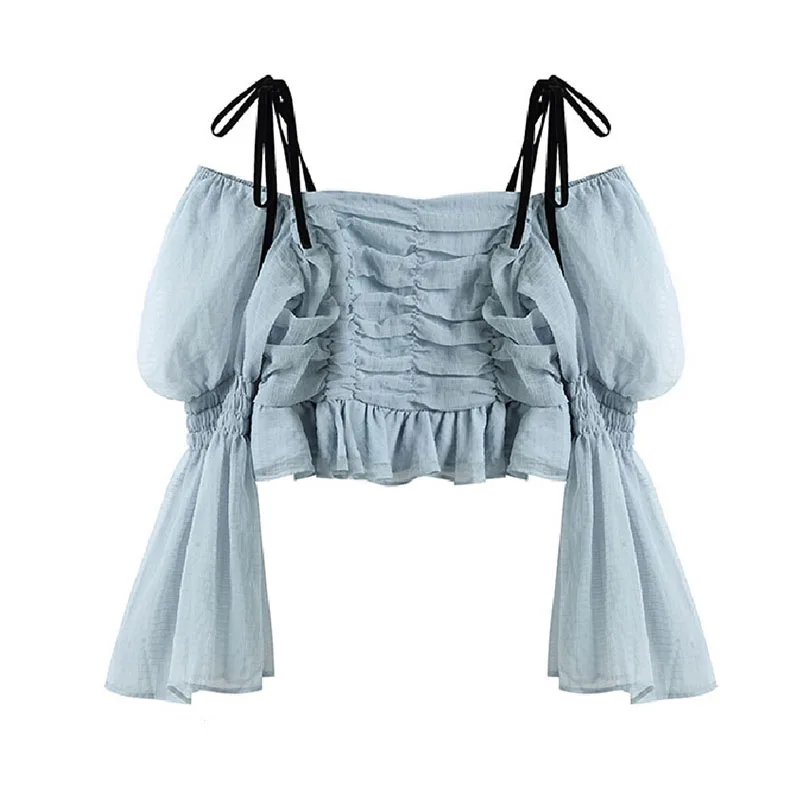 

Блузка женская облегающая с оборками, милый Повседневный универсальный топ в стиле ретро, с пышными рукавами, в стиле пэчворк, тонкая пикант...