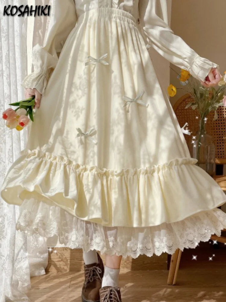 

Y2k Aesthetic Gothic Faldas Mujer Moda High Waist Solid Skirts Womens Lace Bow Patchwork Harajuku Sweet Lolita Loose Faldas