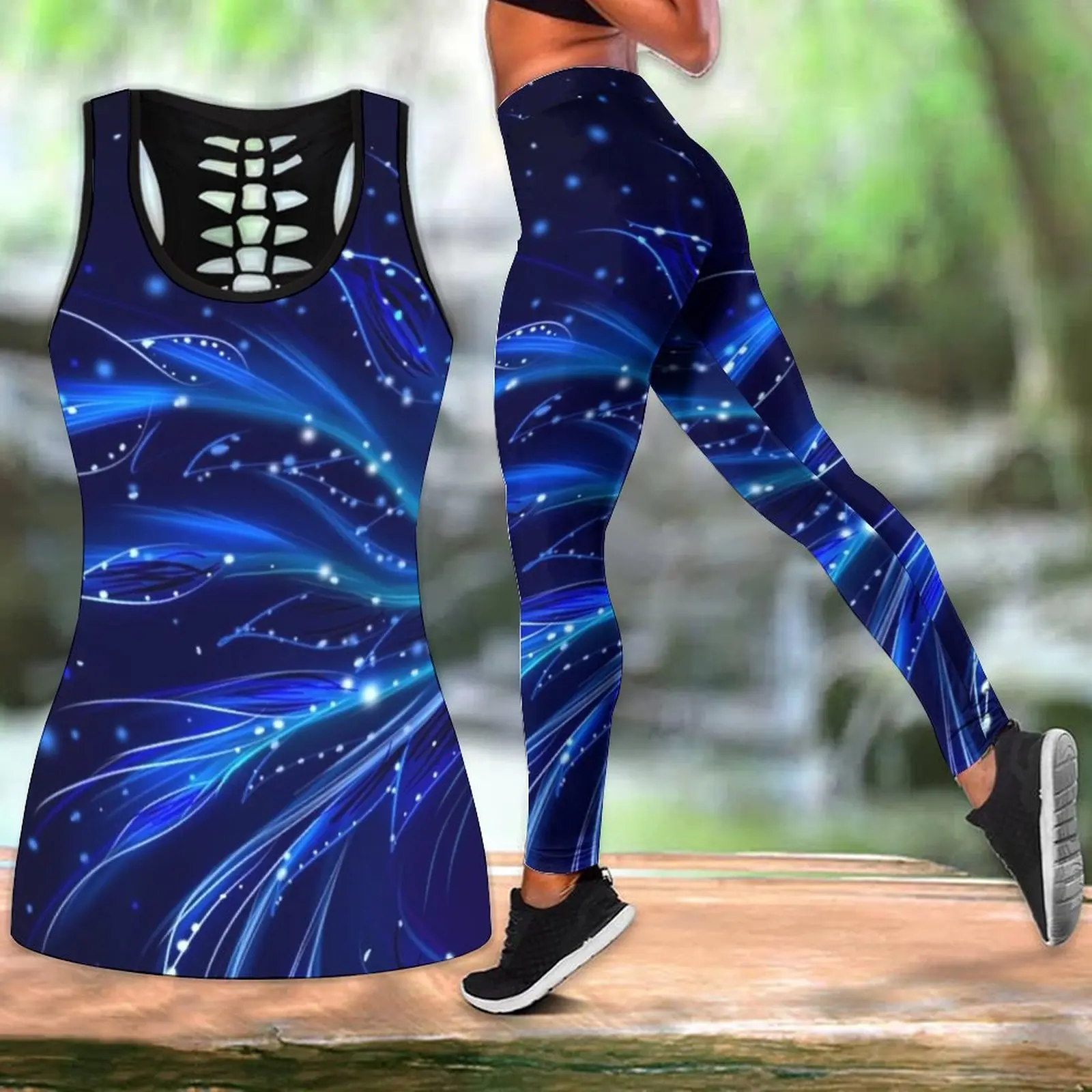 

Summer Fashion Yoga Pants Set Lines Shiny Print Suit XS-8XL
