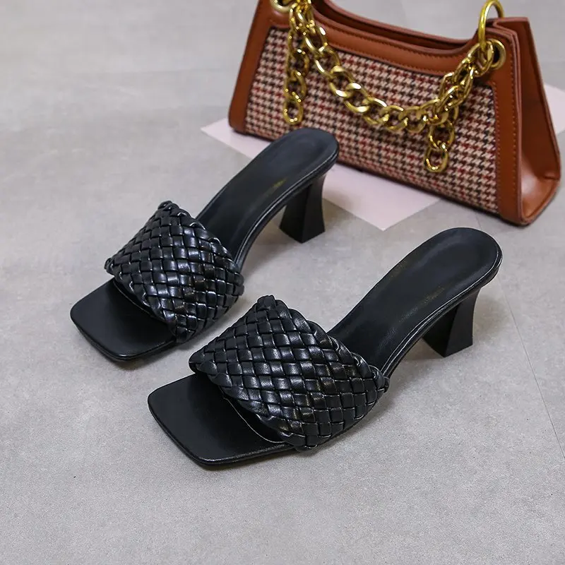2023 Large Size Slippers Summer Fashion Square Head Woven Medium Heel Fish Mouth Solid Color Shallow Mouth High Heels
