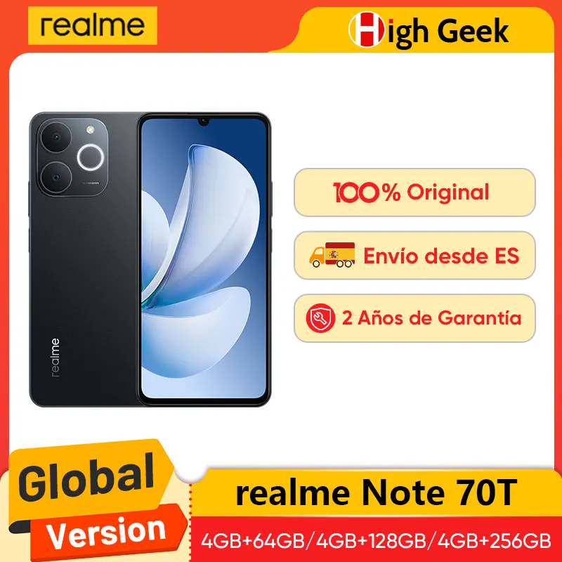 Version global realme Note 70T Smartphone Pantalla de 6,75 pulgadas y 90 Hz Bateria de 6000 mAh Camara trasera de 13 MP Chipset octa-core Resistencia al polvo y al agua IP54
