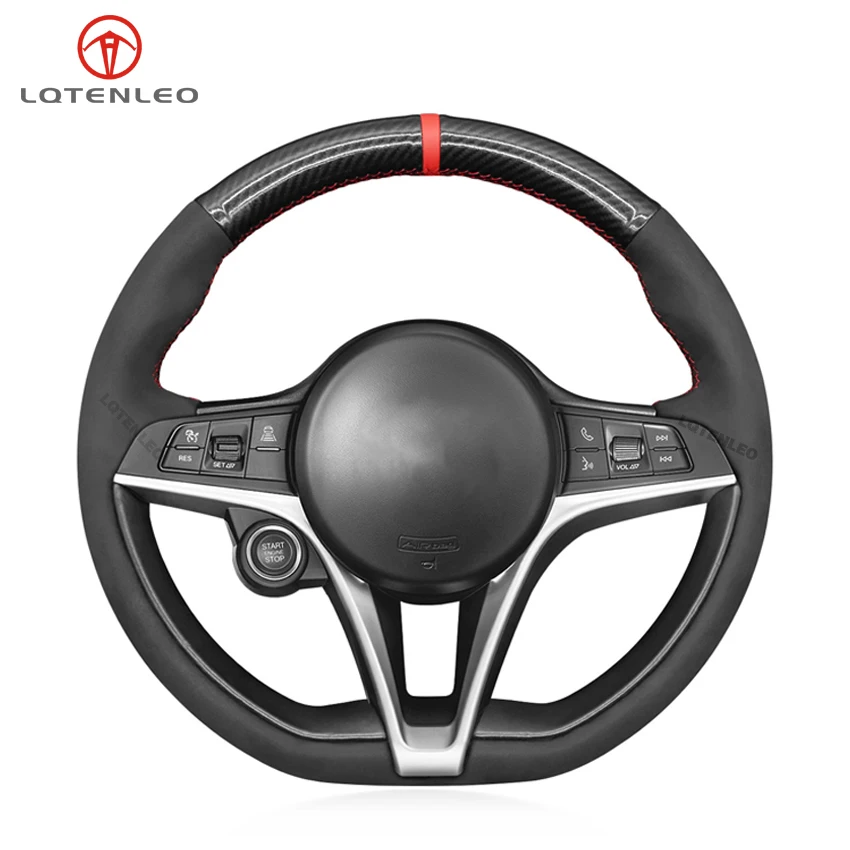 

LQTENLEO Black Carbon Fiber Suede Hand-stitched Car Steering Wheel Cover for Alfa Romeo Giulia 2016-2020 Stelvio 2017-2020
