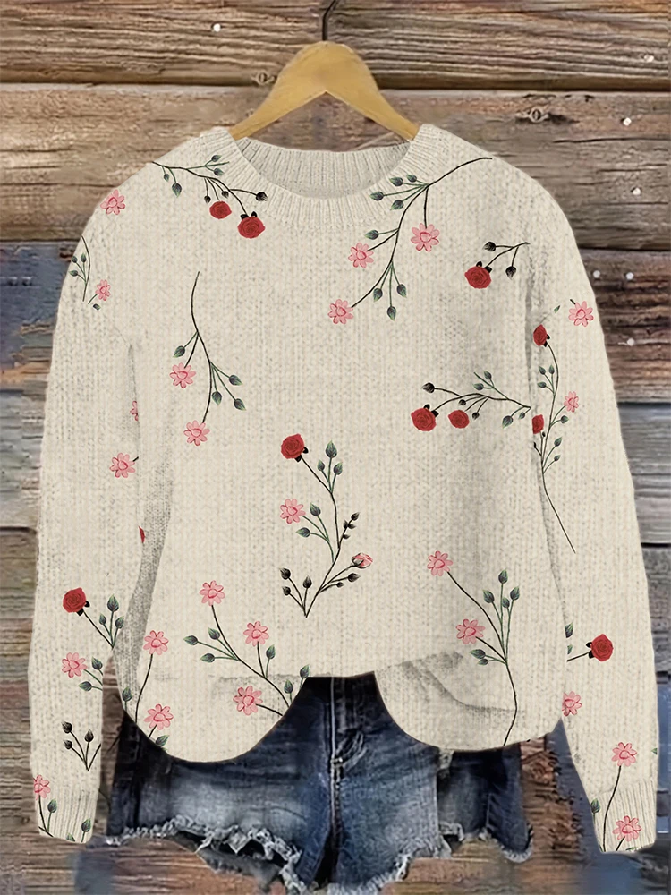 Женский вязаный свитер с цветочной вышивкой в винтажном стиле повседневный топ