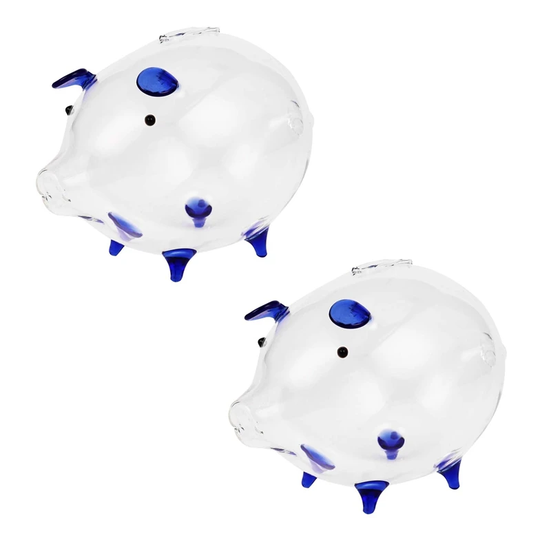 

2X Pig Piggy Bank Money Boxes Coin Saving Box Cute Transparent Glass Souvenir Birthday Gift For Children Kids-Blue