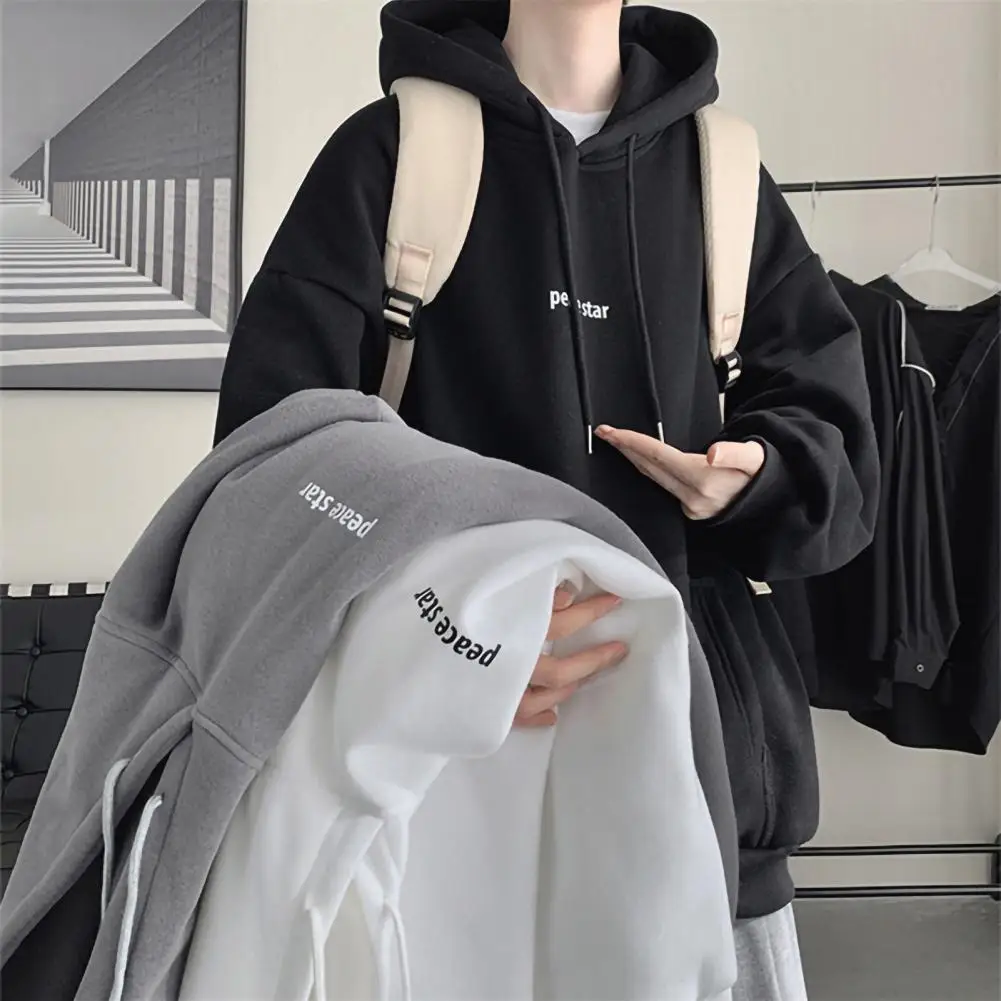 

Classic Men Hoodie Drawstring Thickened Hooded Sweatshirt Men Plush Lined Letter Print Pullover Hoodie