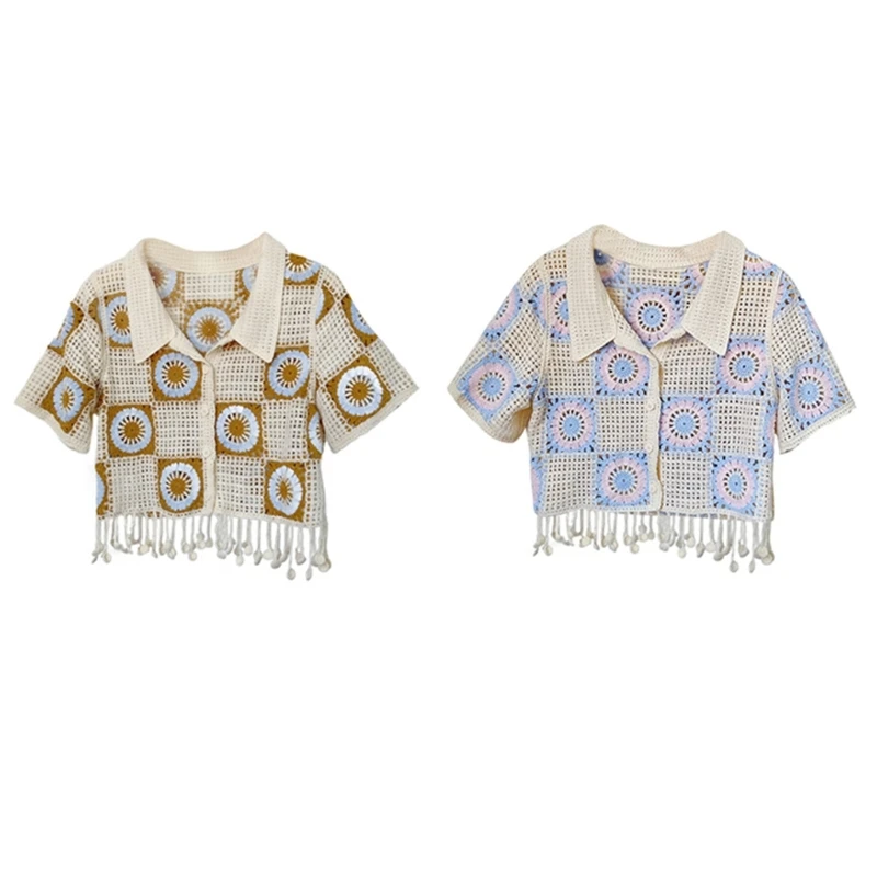 

M89E Women Knitting Crochet Cardigans Floral Embroidery Short Sleeve Lapel Tops