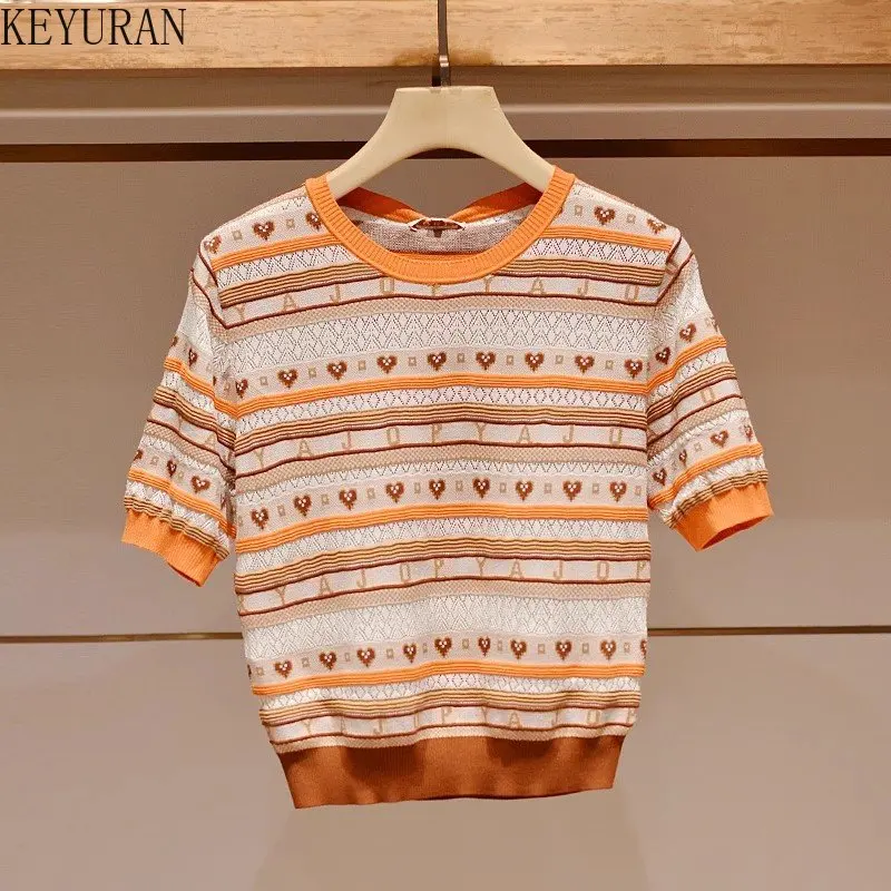 

Женский трикотажный свитер с коротким рукавом, винтажные жаккардовые топы с круглым вырезом и полосками сердец, трикотажные футболки, Новинка лета 2023