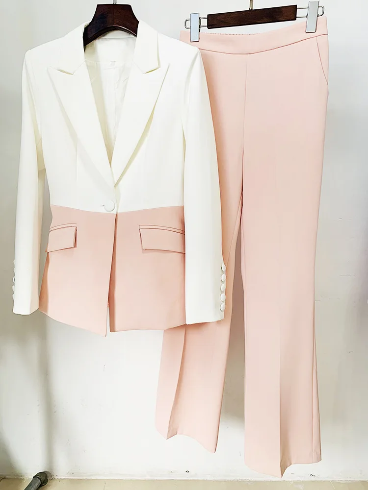 Europe Style Women's High Quality Pantsuit Elegant Pink/White Patchwork Blazers Jackets + Pants Two Piece Set A041