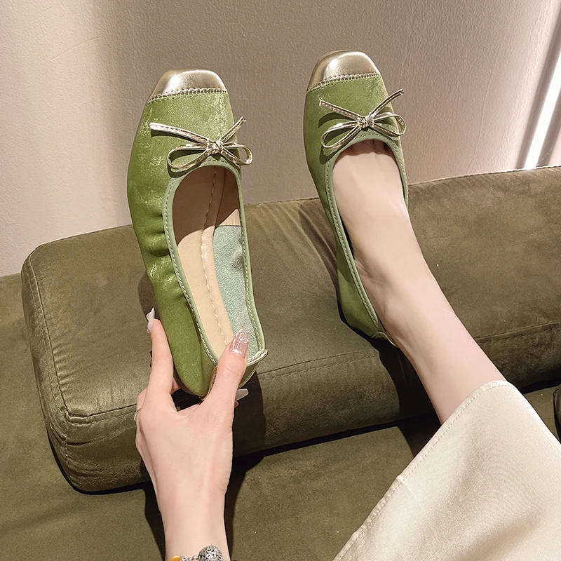 Женские туфли с бантом 2025 г. женская обувь балетки на плоской подошве квадратным