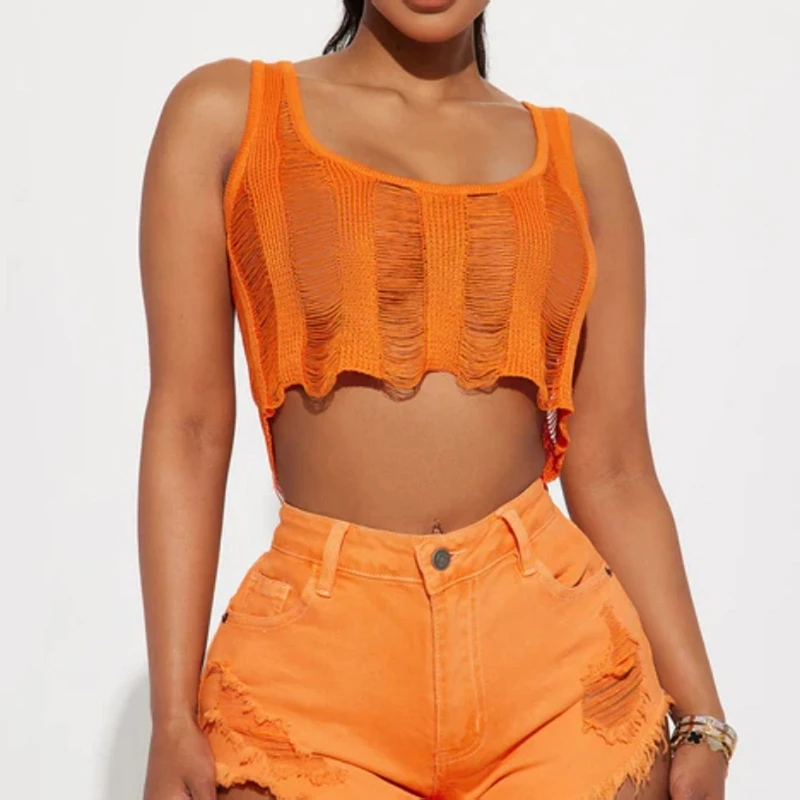 

Women Hollow-Out Crochet Knit Crop Tops Solid Color Sleeveless Round Neck Summer Sweaters Tops Short Knit Vest