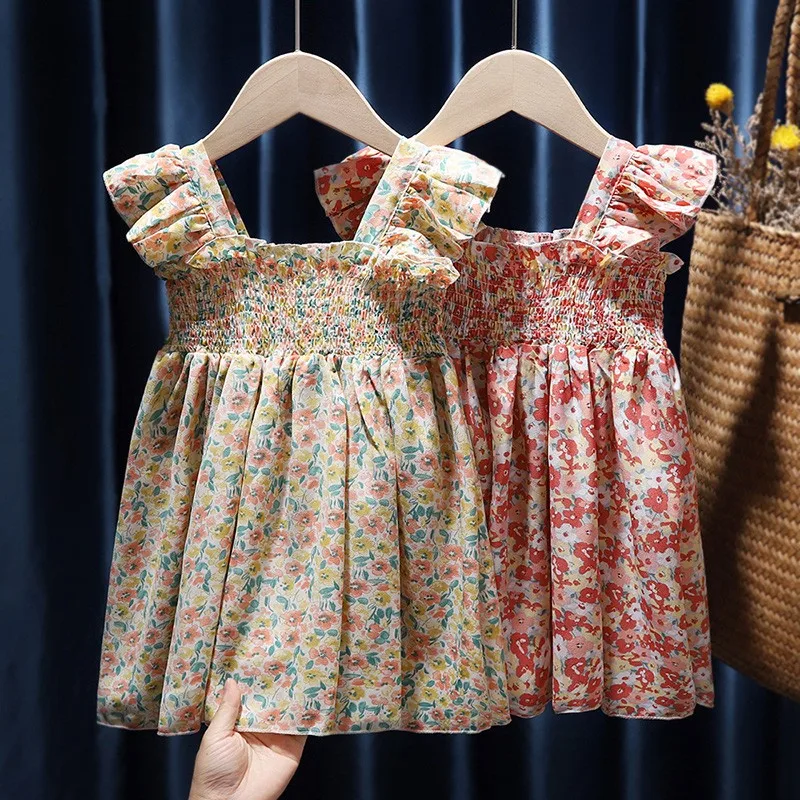 Girls Dresses 2022 New Summer Dresses Children's Floral Skirts Baby Pretty Straps Princess Dresses Children's Clothing