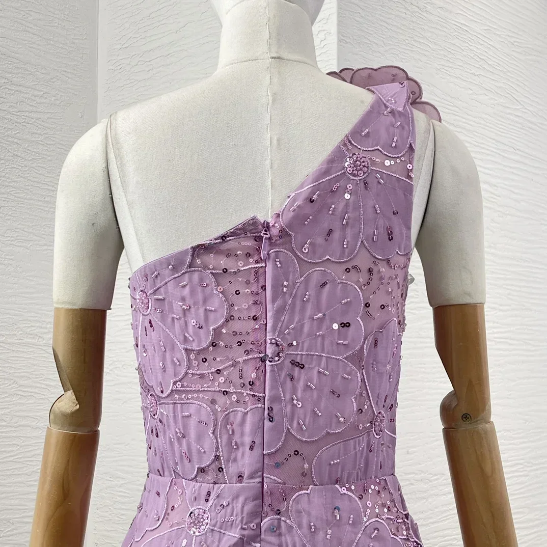 2025 Новое фиолетовое платье макси на одно плечо с бисером и блестками высокое