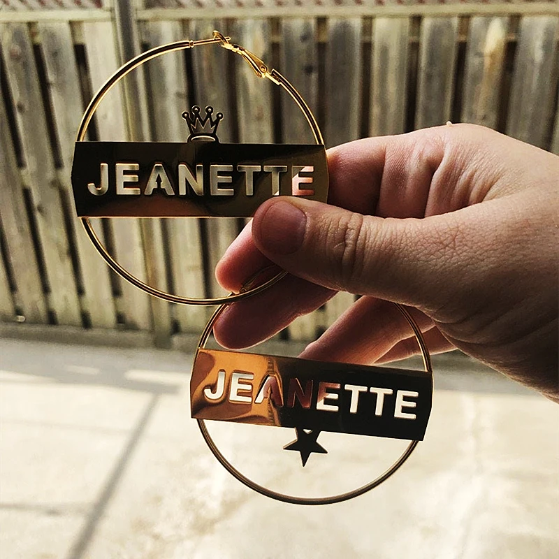 

Stainless Steel Custom Star Name Hoop Earrings Jewelry Personalized Crown Hollow Nameplate Earrings For Women Bijoux Femme