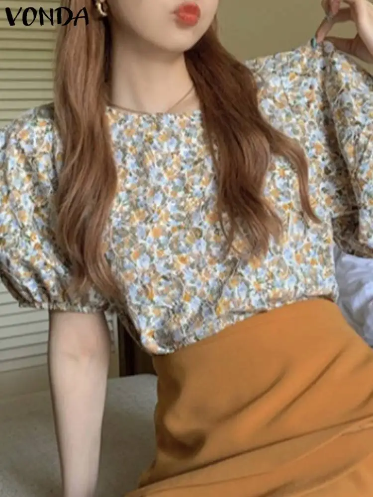 

Женская блузка 2023 VONDA, летние сексуальные топы с коротким рукавом и круглым вырезом, модные элегантные офисные рубашки с принтом, богемная женская блузка