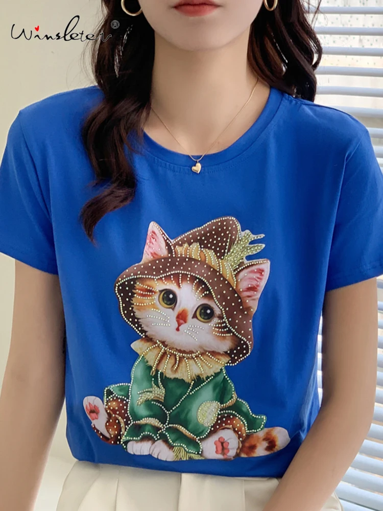 

Summer 2022 Cotton T-shirt Women Cute Cat Diamonds Beading Print Casual Tops Tee O-neck Short Sleeve New T25702X