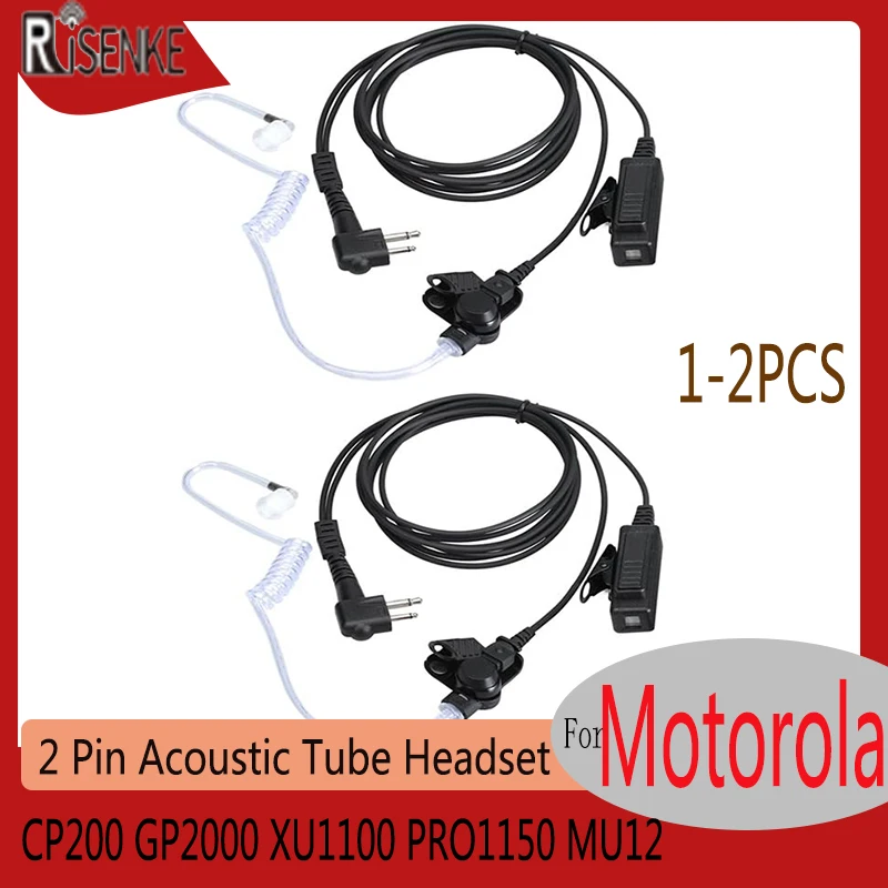 RISENKE CP200 GP2000 XU1100 PRO1150 MU12 Earpiece for Motorola Walkie Talkie 2 Pin Acoustic Tube Headset with Mic and PPT (2PCS)