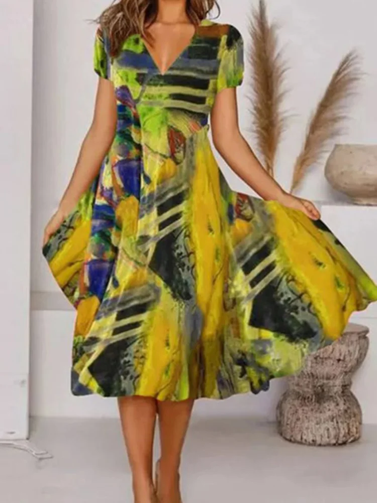 

Summer Casual Short Sleeve Loose A-Line Dress Women 2022 Elegant V Neck Beach Dress Vintage Graphic Print Party Dress Vestidos
