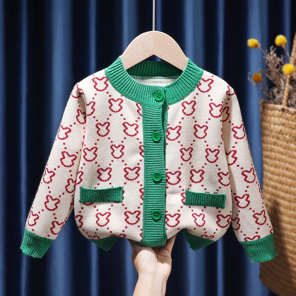 

Autumn Winter Girls Cartoon-Print Sweater Long Sleeved Knitted Cardigan Sweater Children Tops Baby Kids Clothing Outerwear Coat