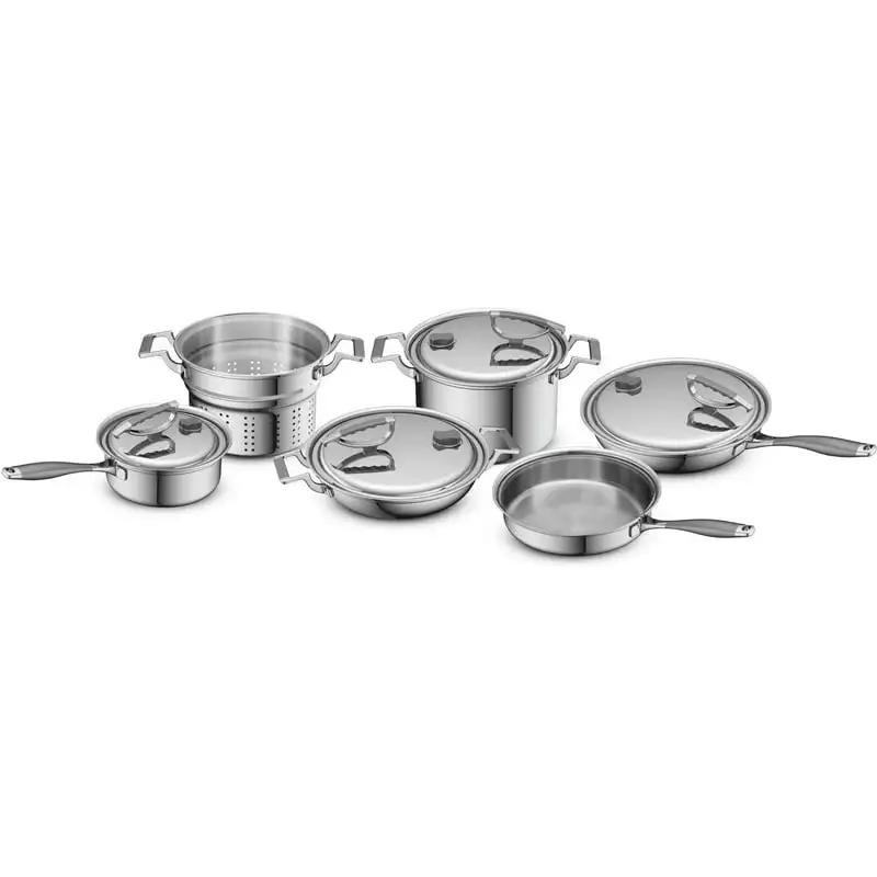 

Original 10-Piece Tri-Ply Stainless Steel Cookware Set featuring Silicone Handles and Convenient Lid with Patented Rim Latch Kit