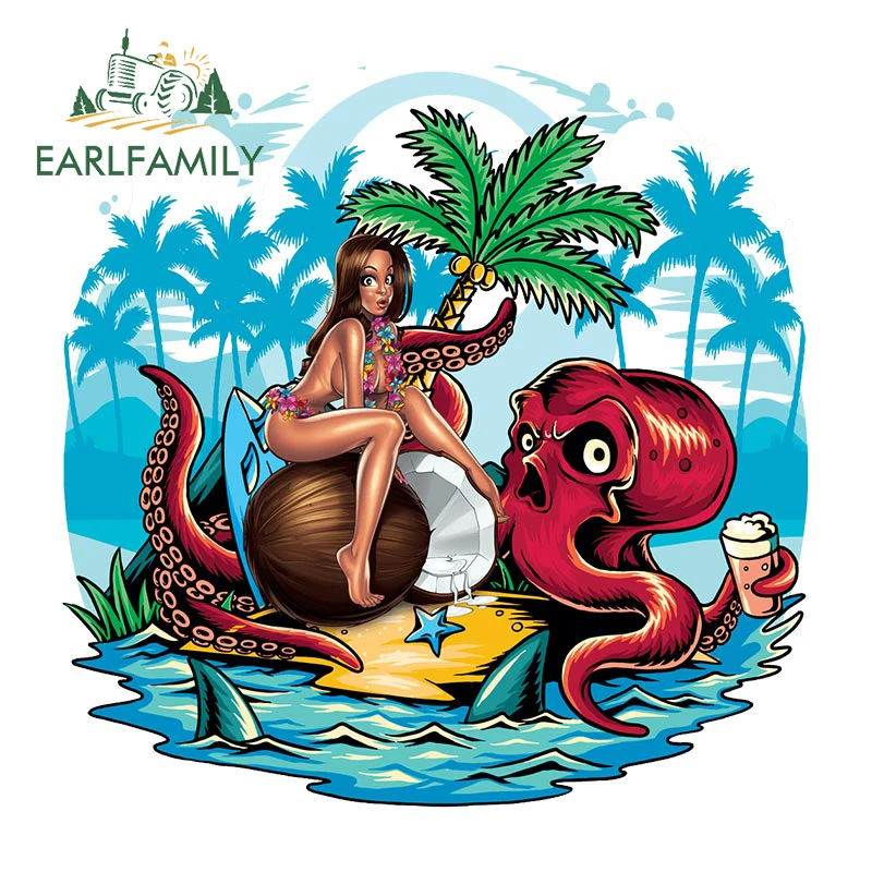 

EARLFAMILY 13cm x 13cm Coconut Island Car Sticker Bumper Truck 4x4 Laptop Holiday Decals Skeleton Octopus & Sexy Beauty Stickers