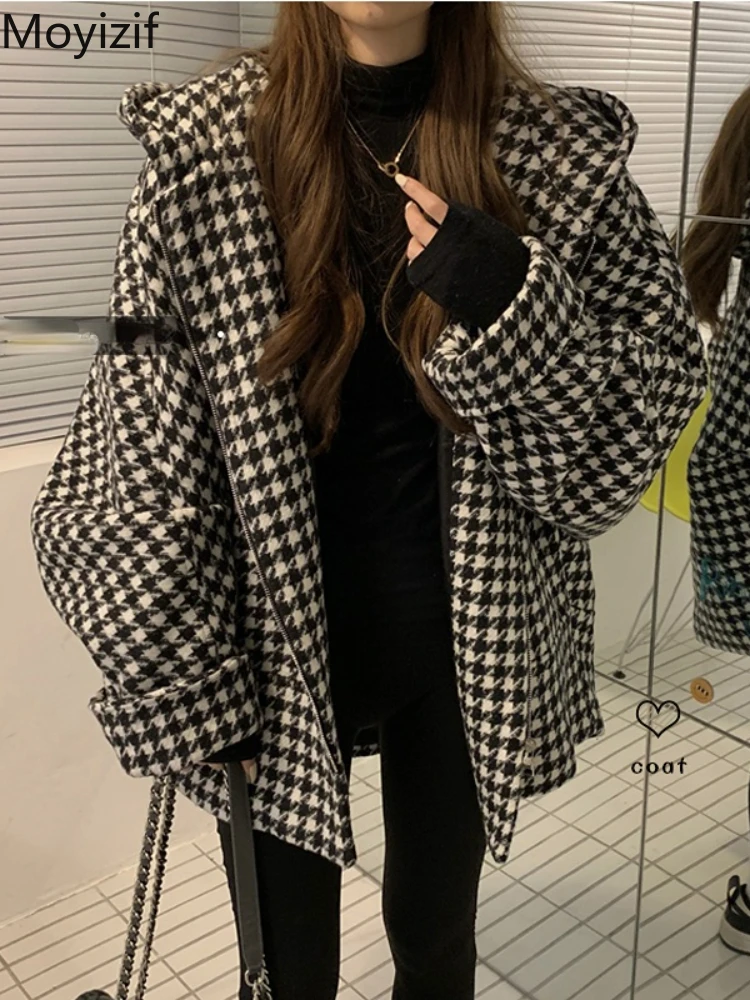 

Moyizif Coat Retro Houndstooth Woolen Coats Hooded Top Winter Loose and Thin Thickened Woolen Coat Ladies Elegant Chic Jackets