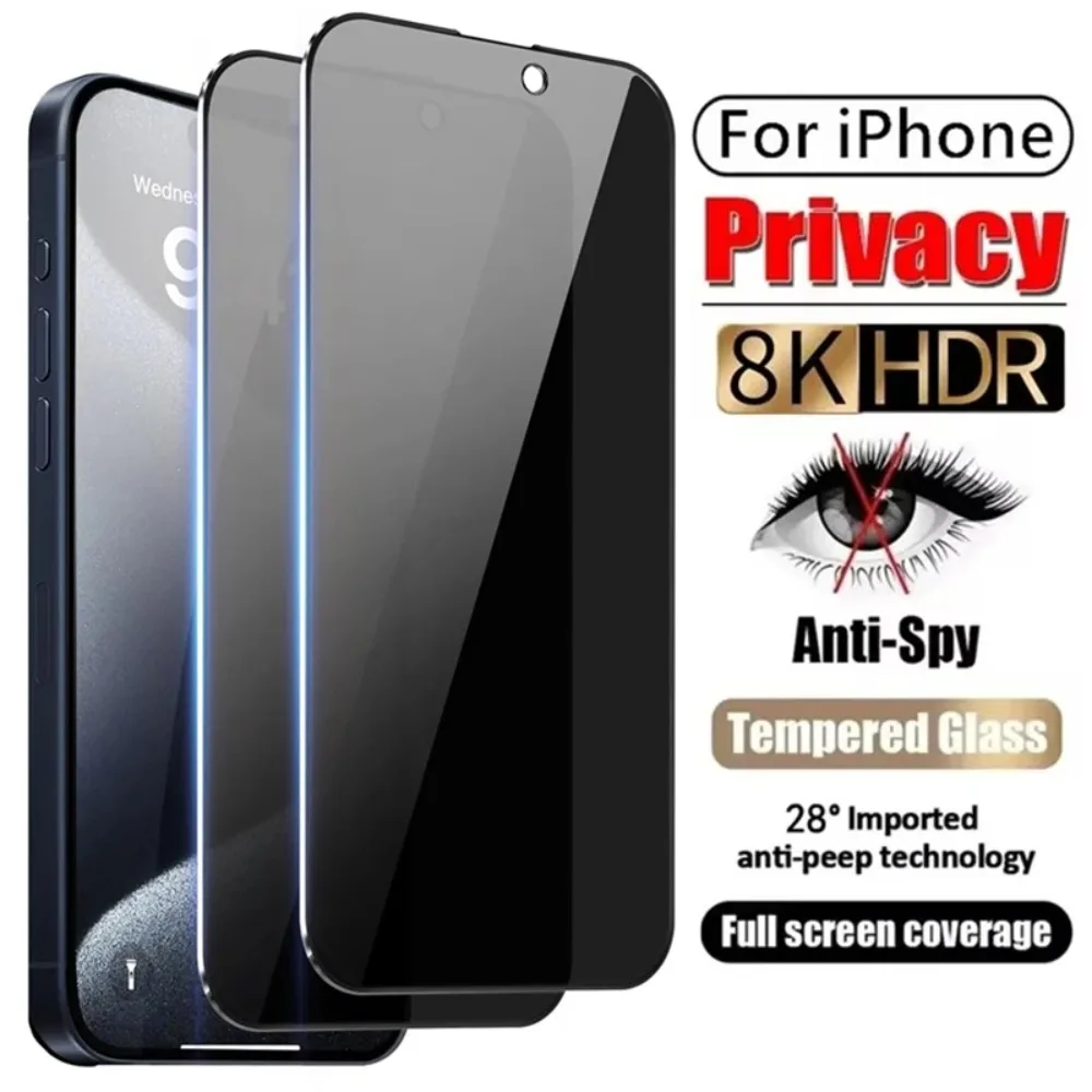 2 шт. закаленное стекло для iPhone 16 15 14 13 12 11 Pro Max Plus противошпионские защитные пленки