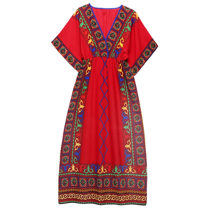 Ethnic Style Dress Tibet Xinjiang Exotic Seaside Holiday Beach Dress Women's Bohemian Cotton Silk Dress