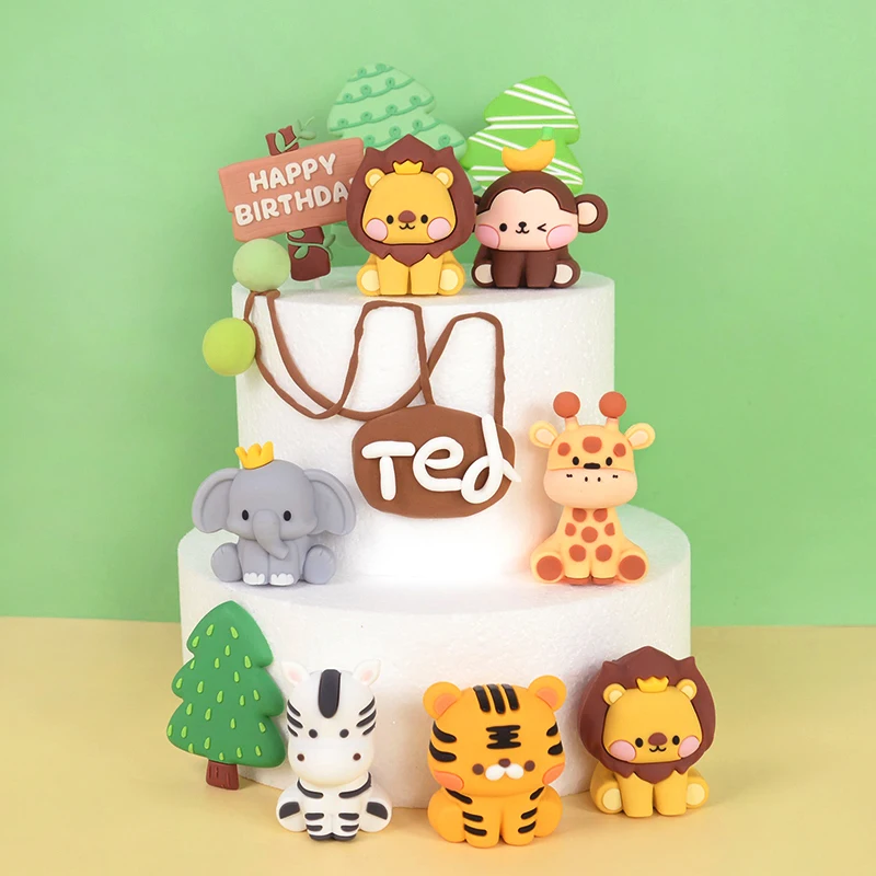 

Woodland Cute Animals Cake Topper Tropical Jungle Safari Lion Elephant Giraffe Monkey Cake Decoration Kids Birthday Party Supply