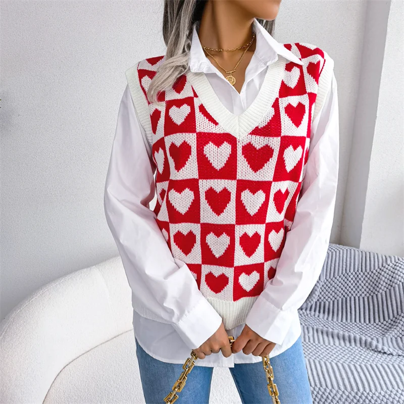 

Sweater Vest Women Heart Print Contrast Color Casual Fashion Clothes Fall Winter Sleeveless V Neck Knitting Tops Waistcoat S/M/L