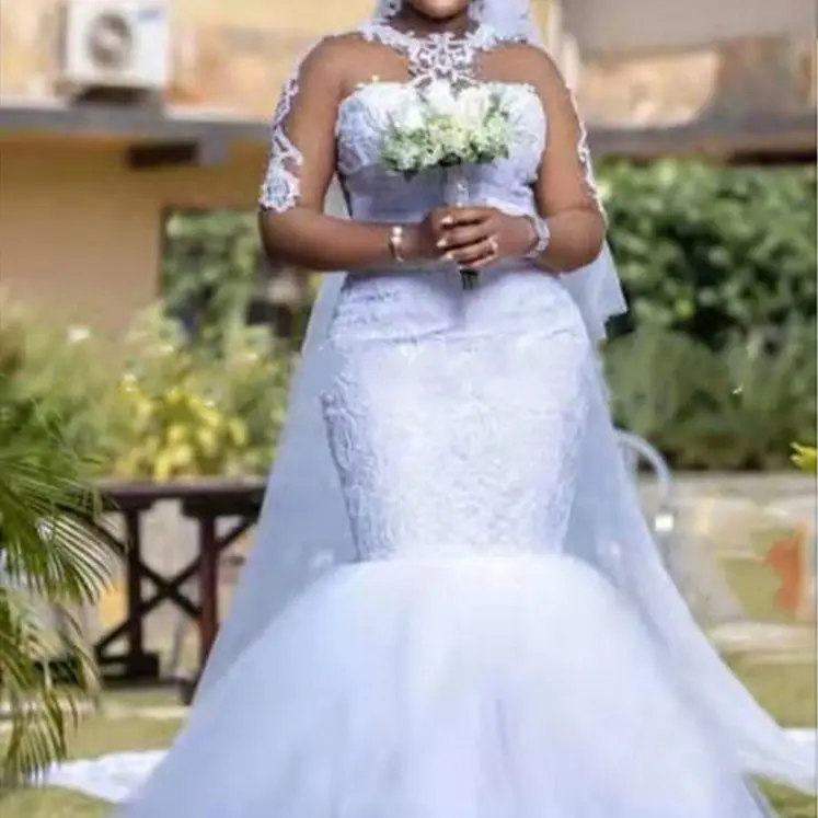 

Mermaid wedding dresses long sleeve O-neck skin mesh diamond wedding dress sexy slim fishtail wedding gown 2023