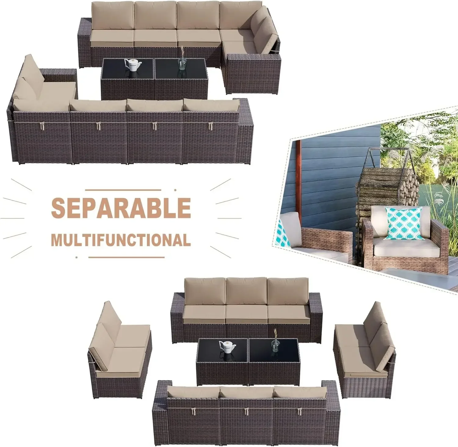 12 шт. набор мебели для патио полиэтиленовый плетеный ротанговый секционный диван