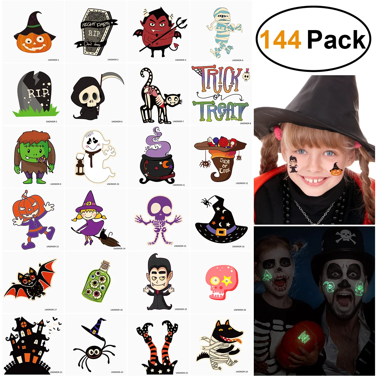

UNOMOR 144Pcs Temporary Pumpkin Bat Party Decor Stickers For Children