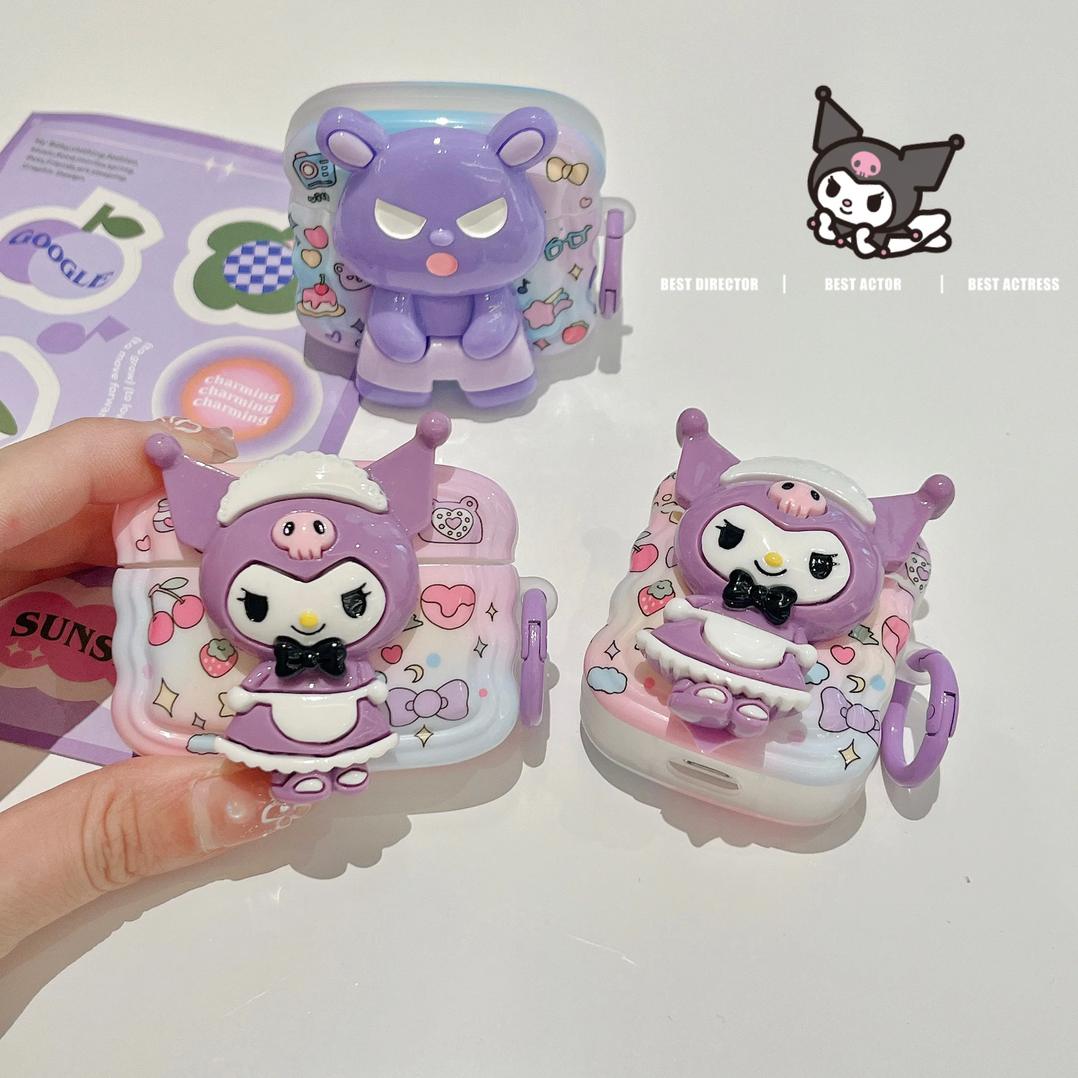 

Sanrio Kuromi Baku 3D Purple Three-dimensional Earphones Case for Apple AirPods Air Pods 1 Pro 2 3 Cover Headphone Anti-fall Box