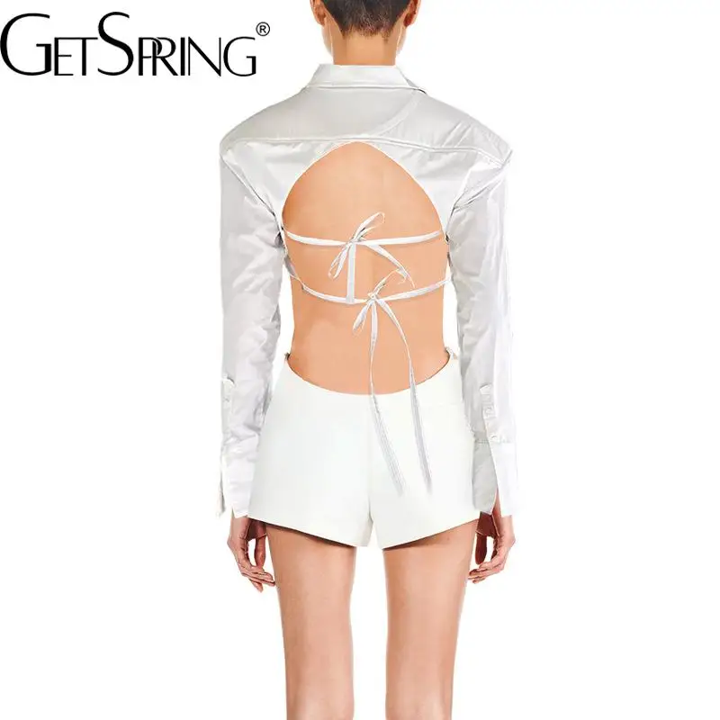 

GetSpring женская рубашка 2022 Осенняя мягкая Сексуальная белая блузка с открытой спиной на шнуровке модные однотонные тонкие универсальные женс...