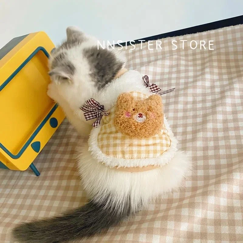 

Plaid Bear Plush Vest Dog Clothes Kawaii Fashion Costume Small Dogs Clothing Cat Autumn Winter Warm ExoticShorthair Pet Items